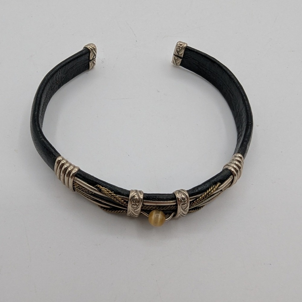 Black Leather Mixed Metal Cuff Bracelet with Tiger's Eye Stone Southwestern Boho